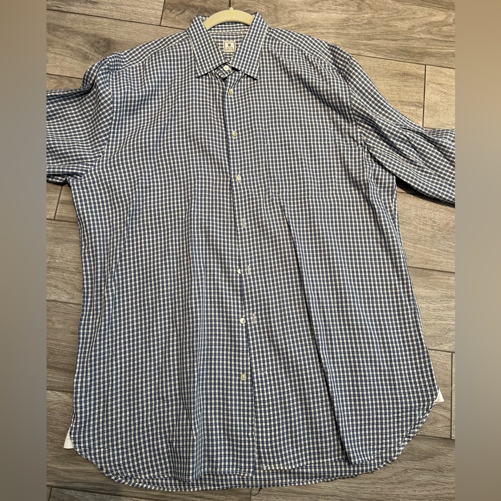 Peter Millar Navy and White Gingham Dress Shirt